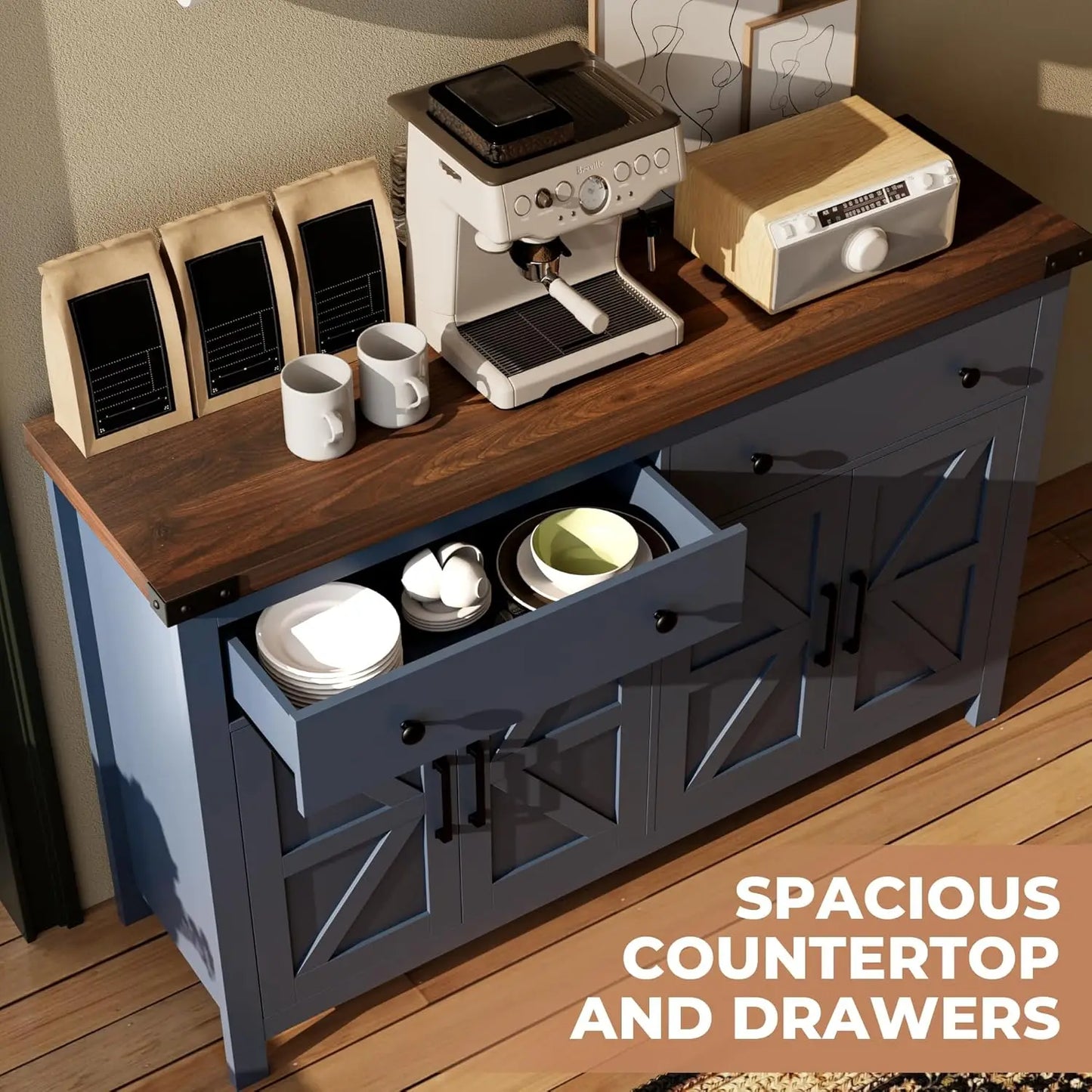Buffet Cabinet with Storage Farmhouse with 4 Doors and 2 Drawers, 55'' Large Kitchen Storage  Blue Wood