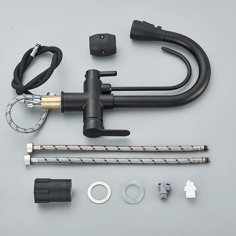Quyanre Matte Black Filtered Crane For Kitchen Pull Out Spray 360 Rotation Water Sink Mixer Kitchen Faucet