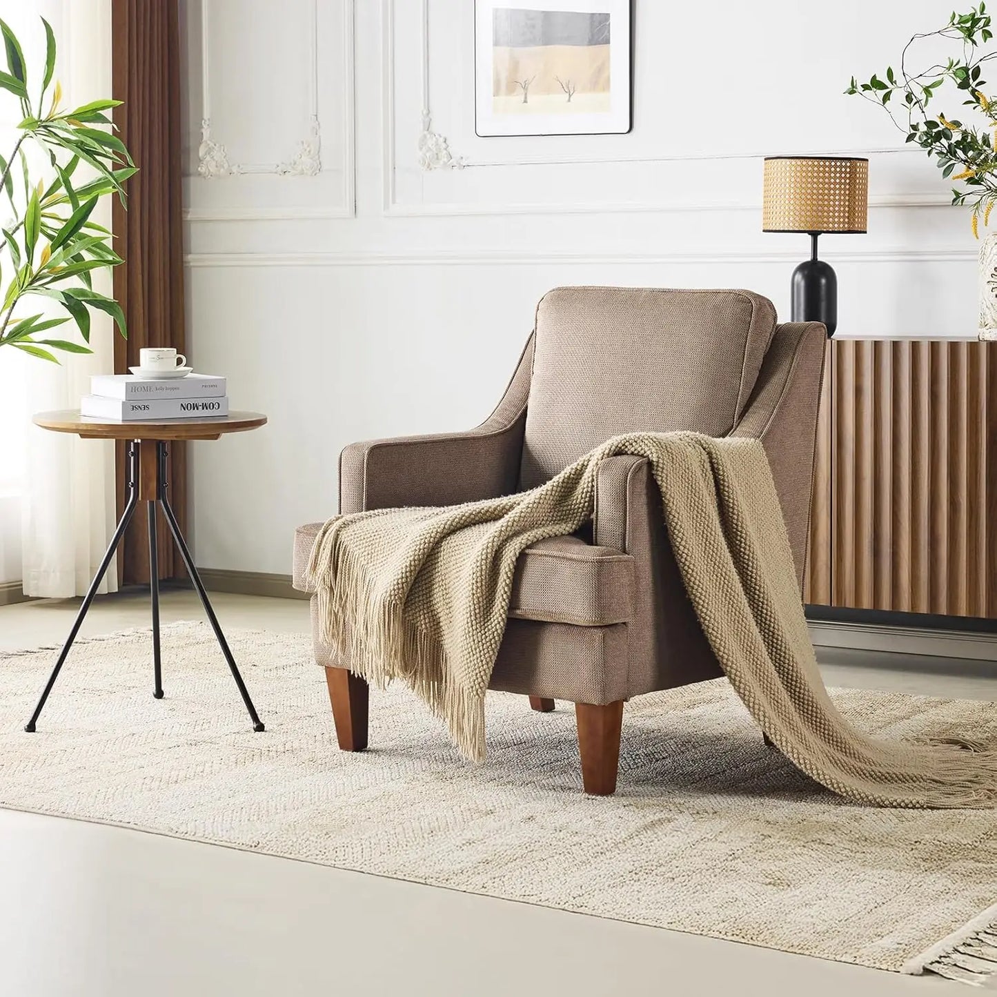 Mid-Century Modern Accent Chairs Set of 2, Light Brown Upholstered Armchair