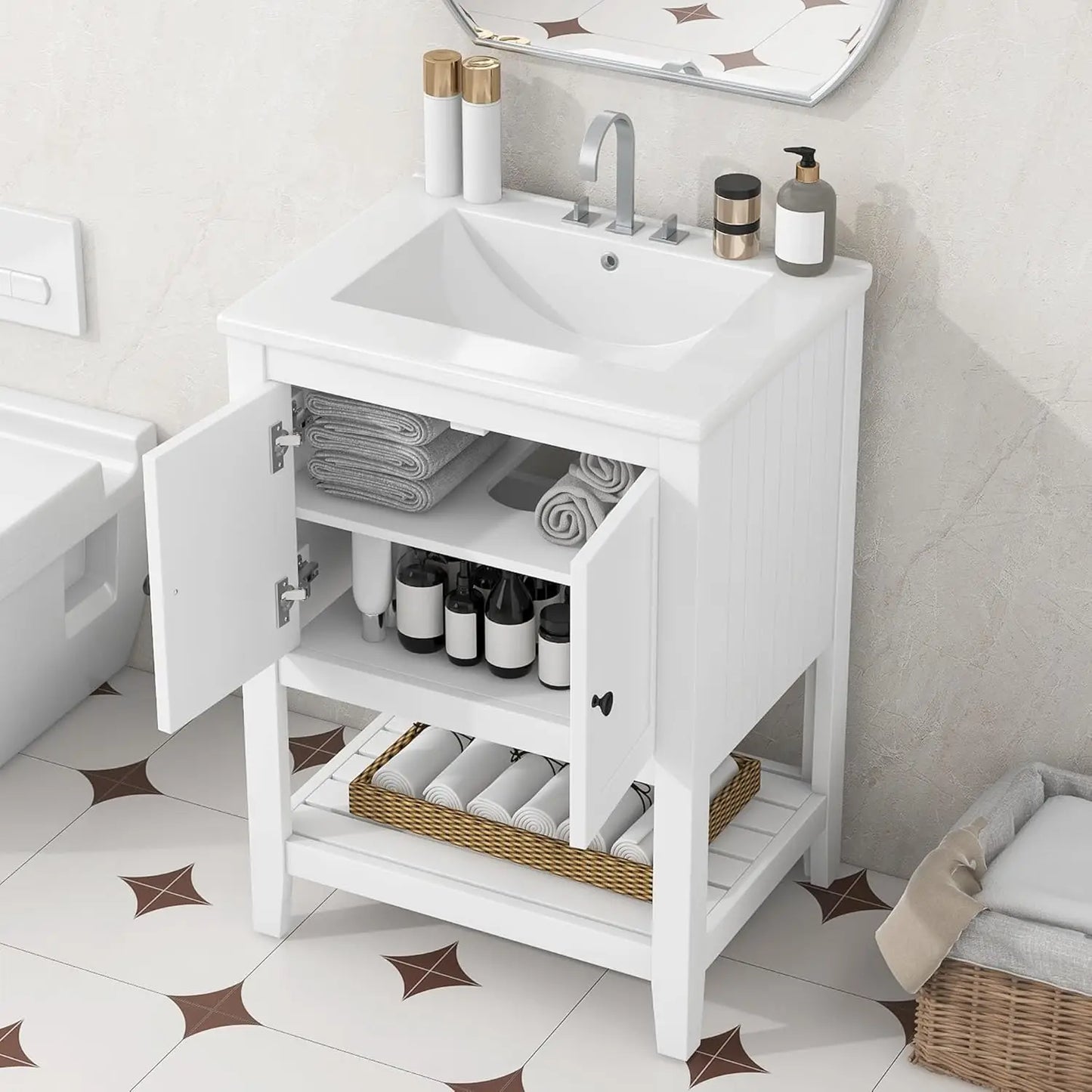 24 Inch Bathroom Vanity Sink Cabinet Solid Wood Door Open Shelf
