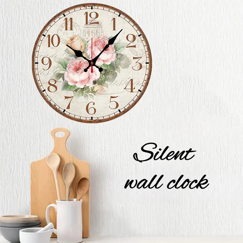 Antique Rose Wooden Round Silent Hanging Wall Clock,