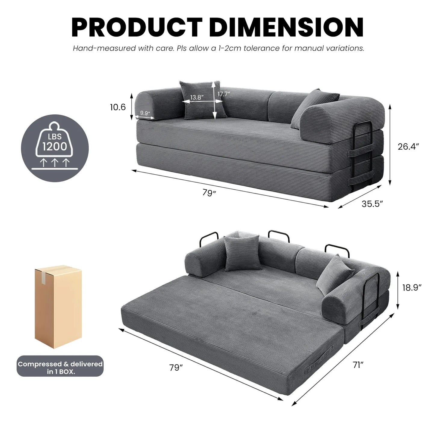 79" Convertible Sofa Bed with Fixed-Shape Frame & Removable Armrests, Modular Corduroy