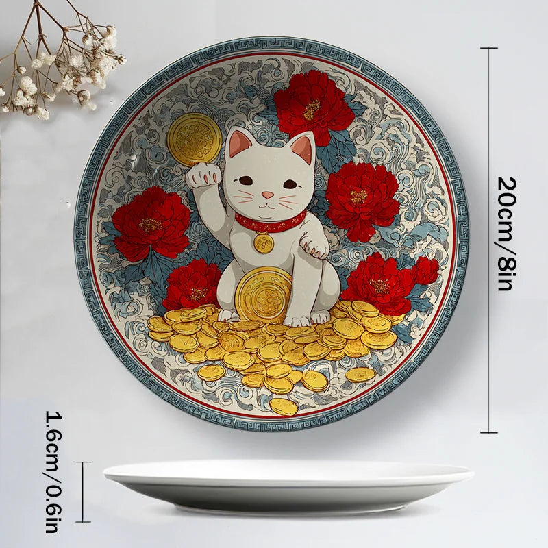 2D Flat, 8-Inch Round Plate  Decorative Ceramic Lucky Cat  1pc White Design