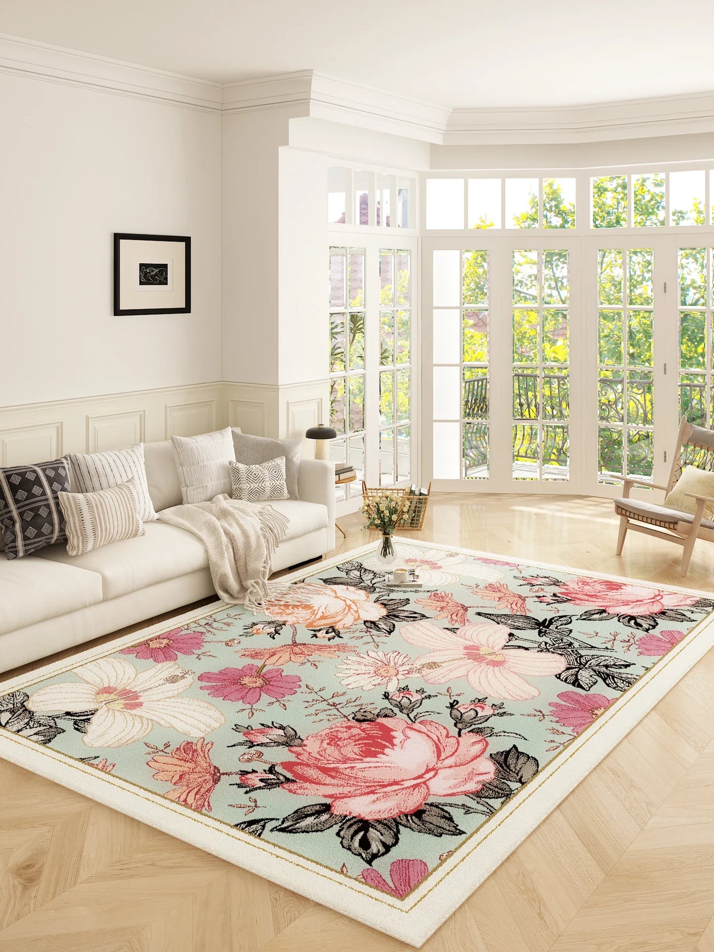 American Retro Carpets for Living Room Thick  Decor Flower Pattern Carpet