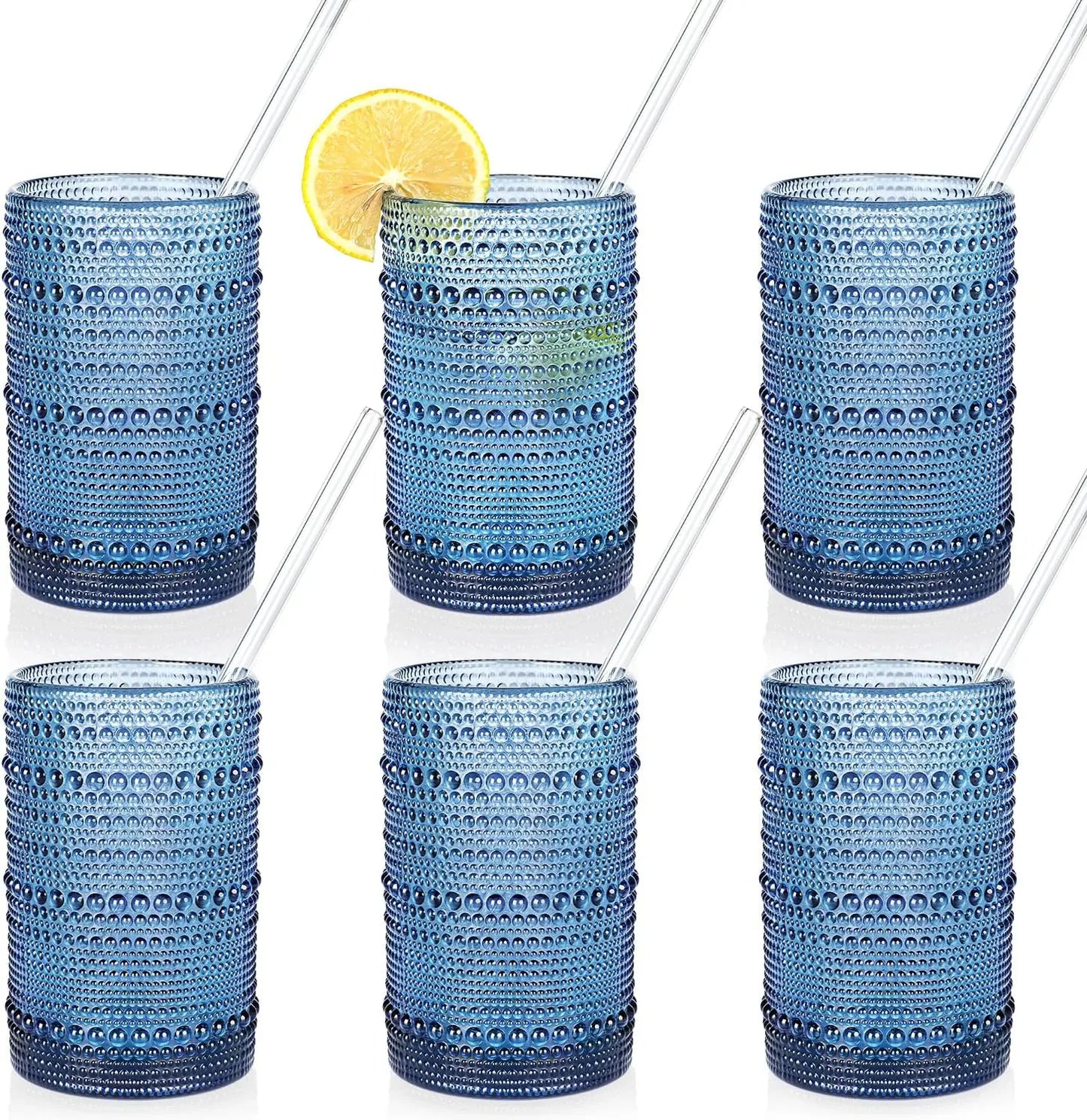Set of 6 Vintage Blue Hobnail Drinking Glasses, 15oz Embossed Glass for Beer, Juice and Mixed Drinks