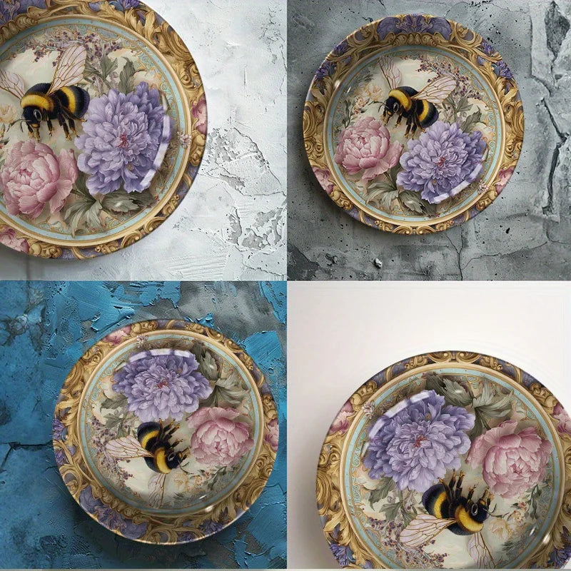 1pc Hand-Painted Bee & Floral Ceramic Plate - Round Wall-Mountable or Tabletop