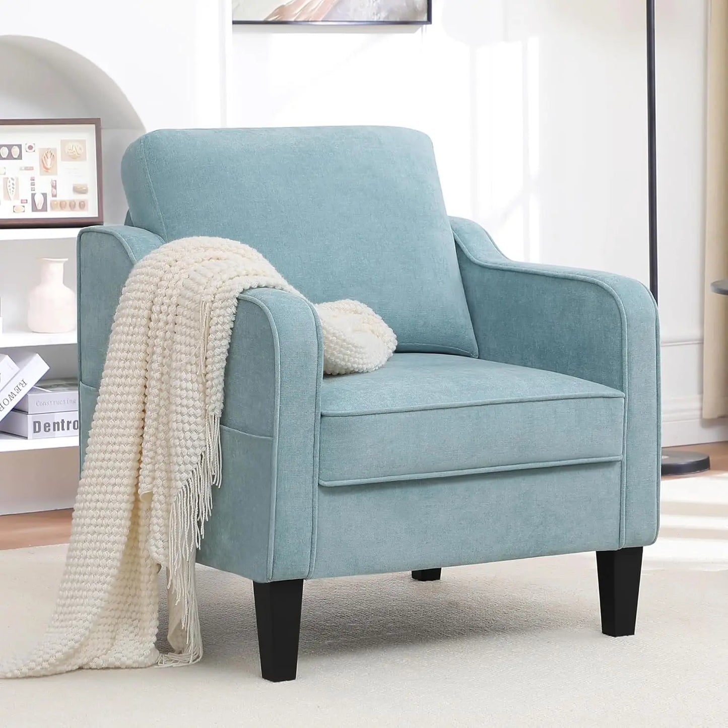 Accent Chair for Living Room, Mid Century Modern Reading Chair , Upholstered Armchair with Side Pockets,