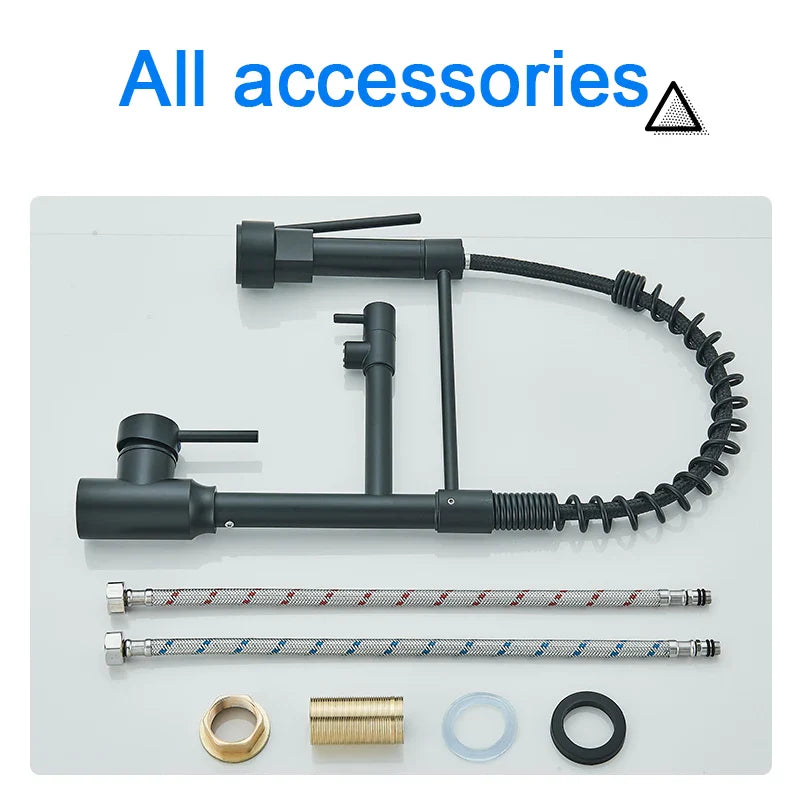 Black Kitchen Faucet With Pull Down Spring Sprayer Deck Mounted Hot and Cold Water Mixer