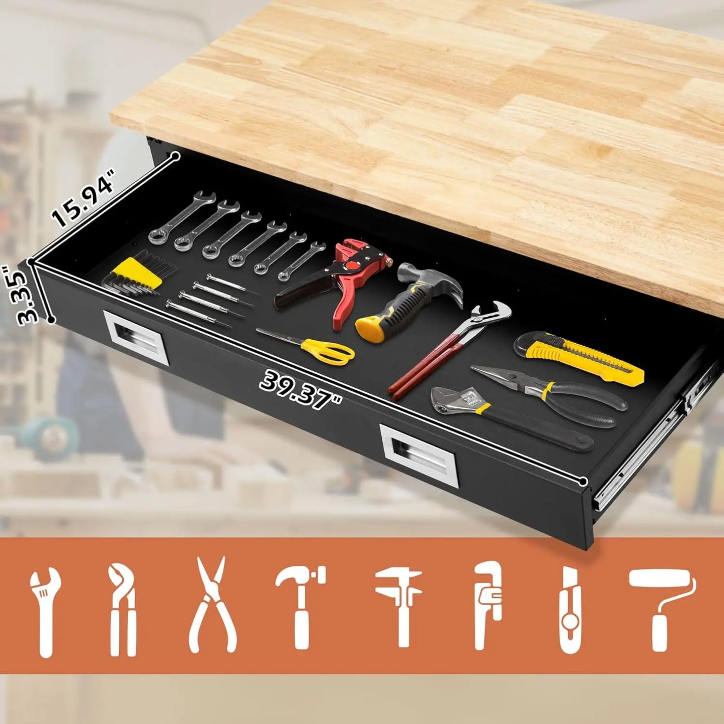 48” Adjustable Workbench with Drawer Storage,for Garage with Rubberwood Top,2000 LBS Capacity
