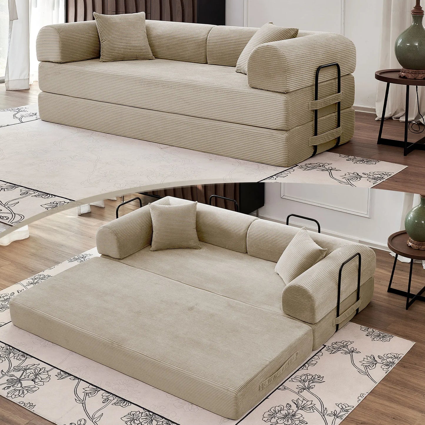 79" Convertible Sofa Bed with Fixed-Shape Frame & Removable Armrests, Modular Corduroy