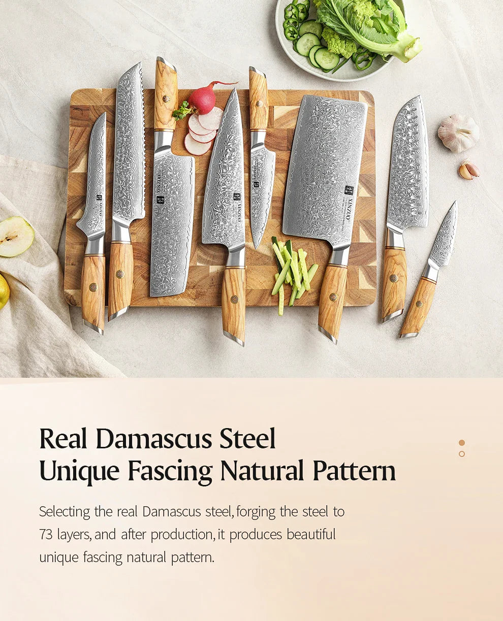 XINZUO 1-8pcs Kitchen Knife Set 73 Layers Custom Damascus Steel  with Olive Wood Handle