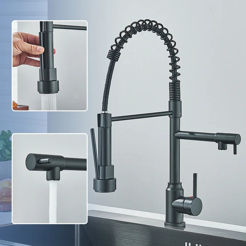 Black Kitchen Faucet With Pull Down Spring Sprayer Deck Mounted Hot and Cold Water Mixer