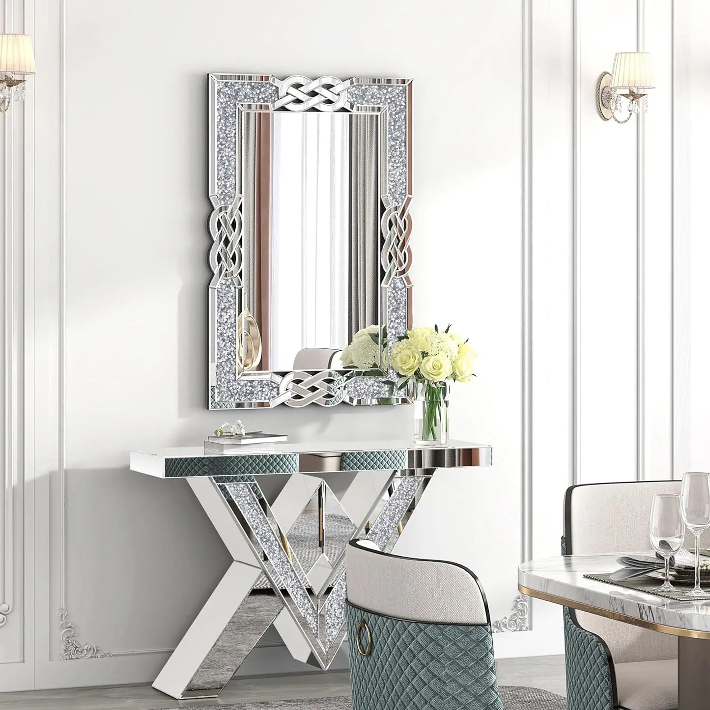 Large Crystal Crush Diamond Mirror Decorative Wall Hang Mirror for Bedroom Hallway Living Room