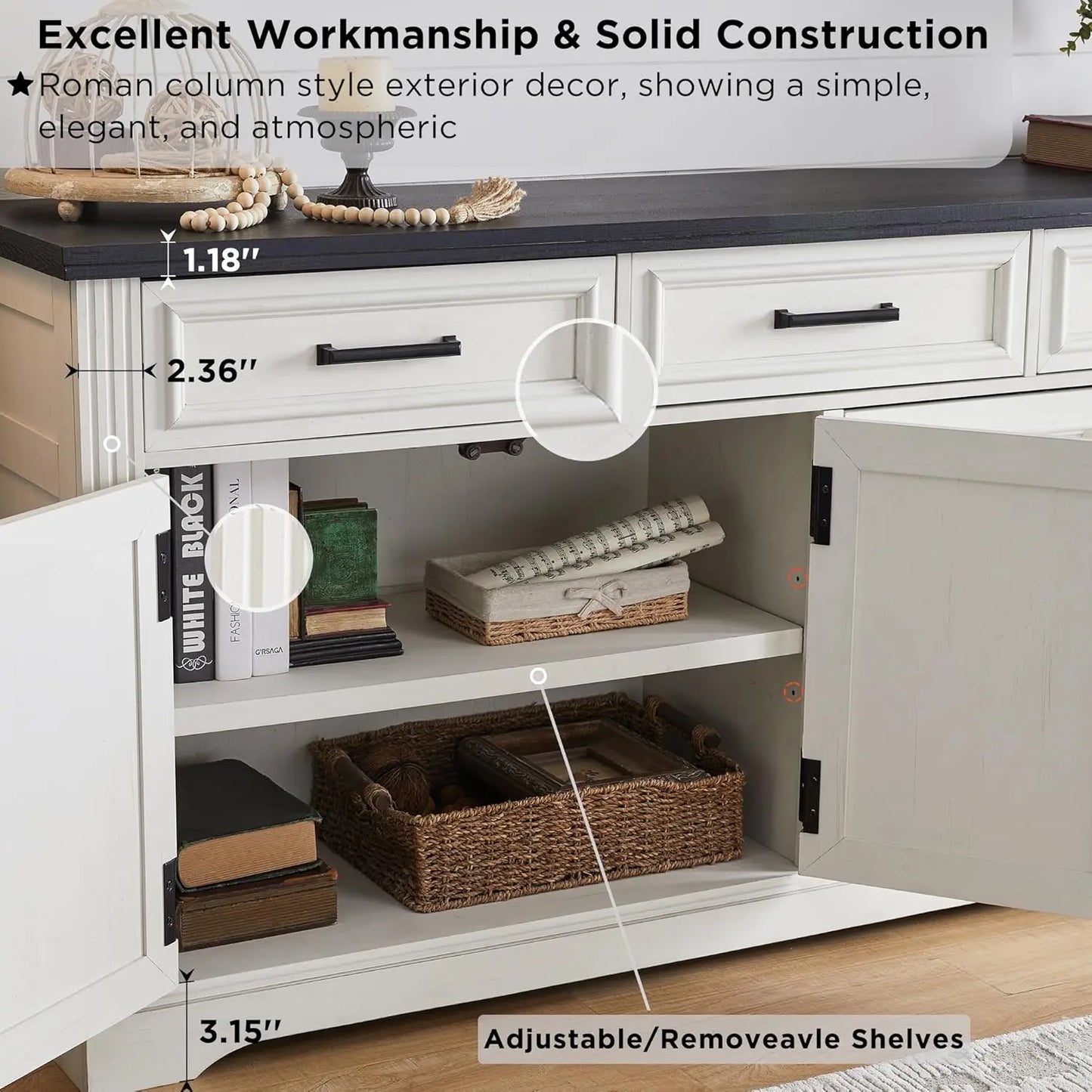 66" Large Buffet Sideboard Cabinet with 4 Doors and 3 Drawers,  Storage Cabinet for Dining Room,