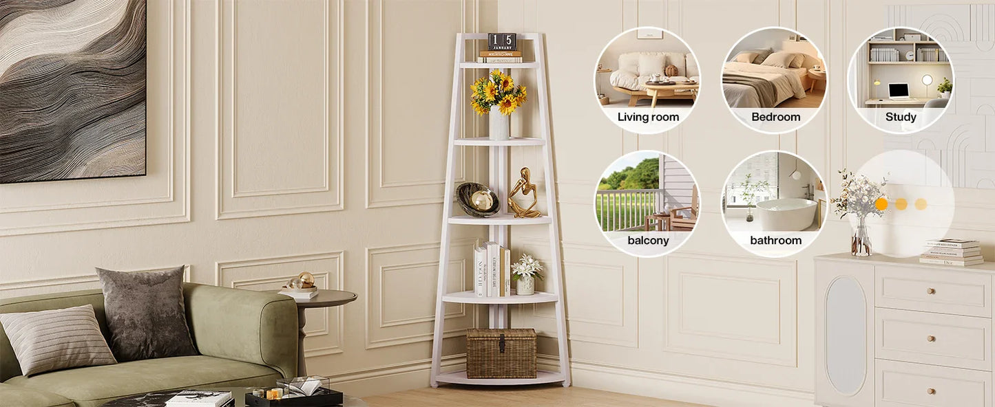 5 Tier Corner Bookshelf and Bookcase, 70 inch Tall Corner Shelves Standing Unit Indoor Plant Stand for Living Room (White)