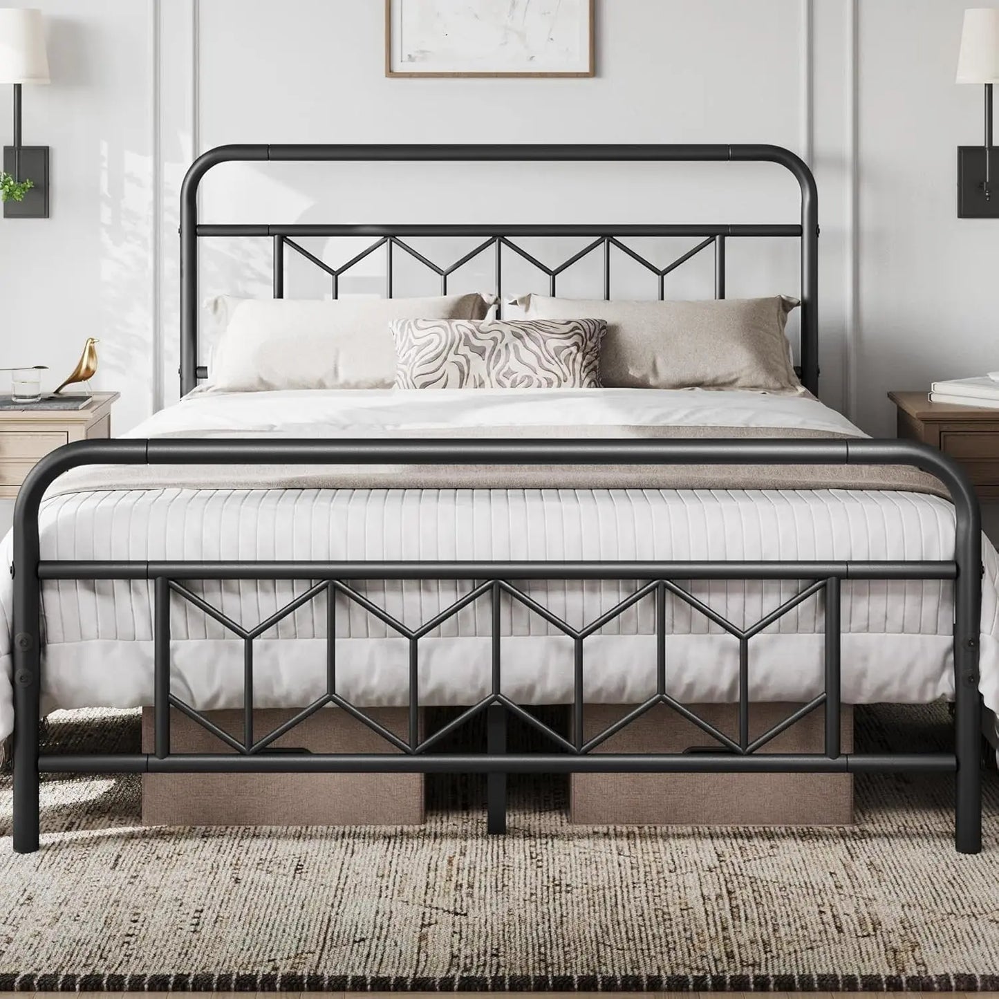 Queen Size Metal Platform Bed Frame with Headboard, Under Bed Storage, No Box Spring Needed