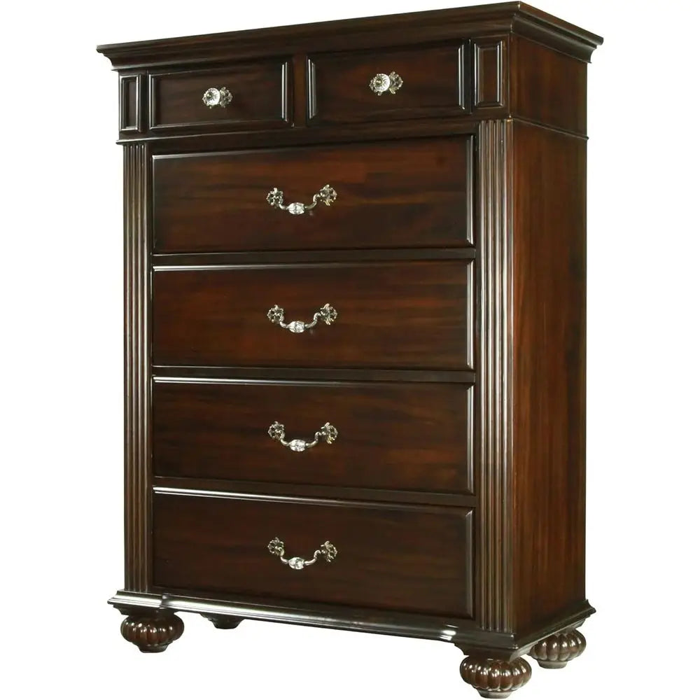 6-Piece Solid Wood Traditional Bedroom Set with Chest, Mirrored Dresser, 2 Nightstands,