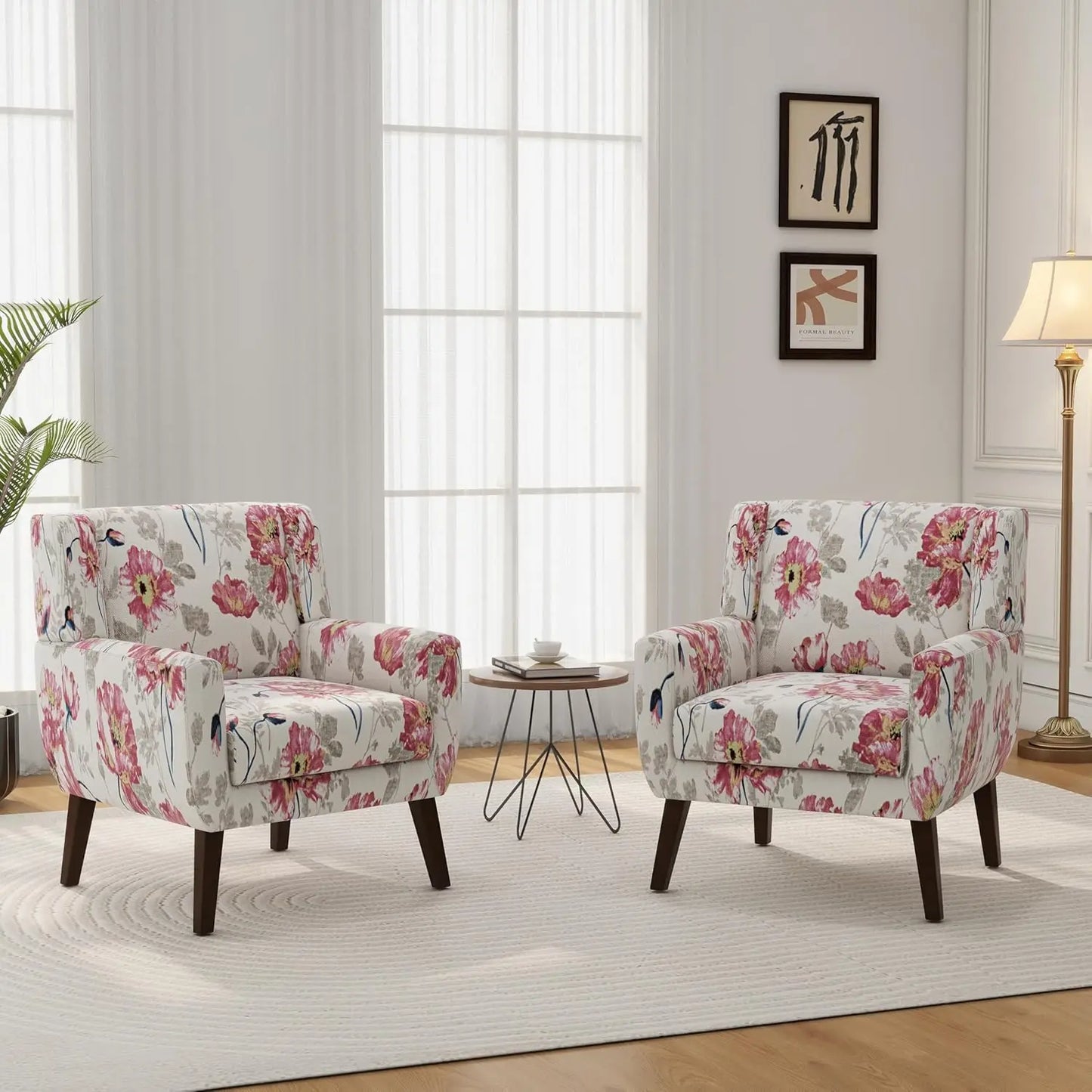 Modern Linen Accent Chair High-Resilient Sponge Comfy Reading Seat Floral Set 1,