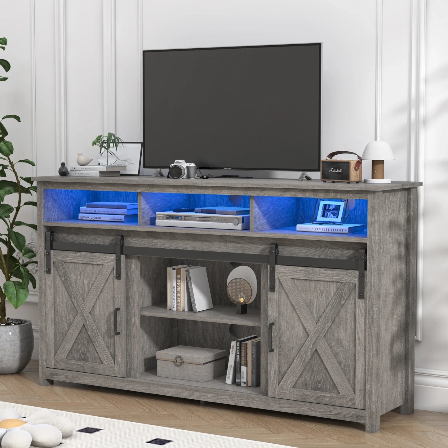 TV Stand Farmhouse Coffee Bar Cabinet Rustic Sliding Barn Door Cabinet with Power Outlet & LED Light
