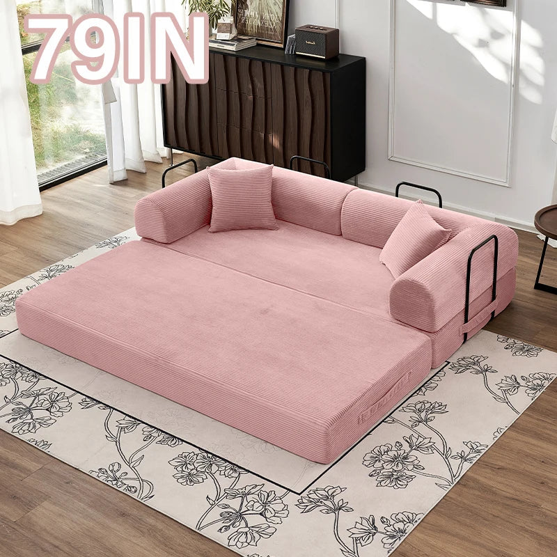 79" Convertible Sofa Bed with Fixed-Shape Frame & Removable Armrests, Modular Corduroy