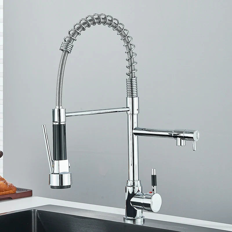 Black Kitchen Faucet With Pull Down Spring Sprayer Deck Mounted Hot and Cold Water Mixer
