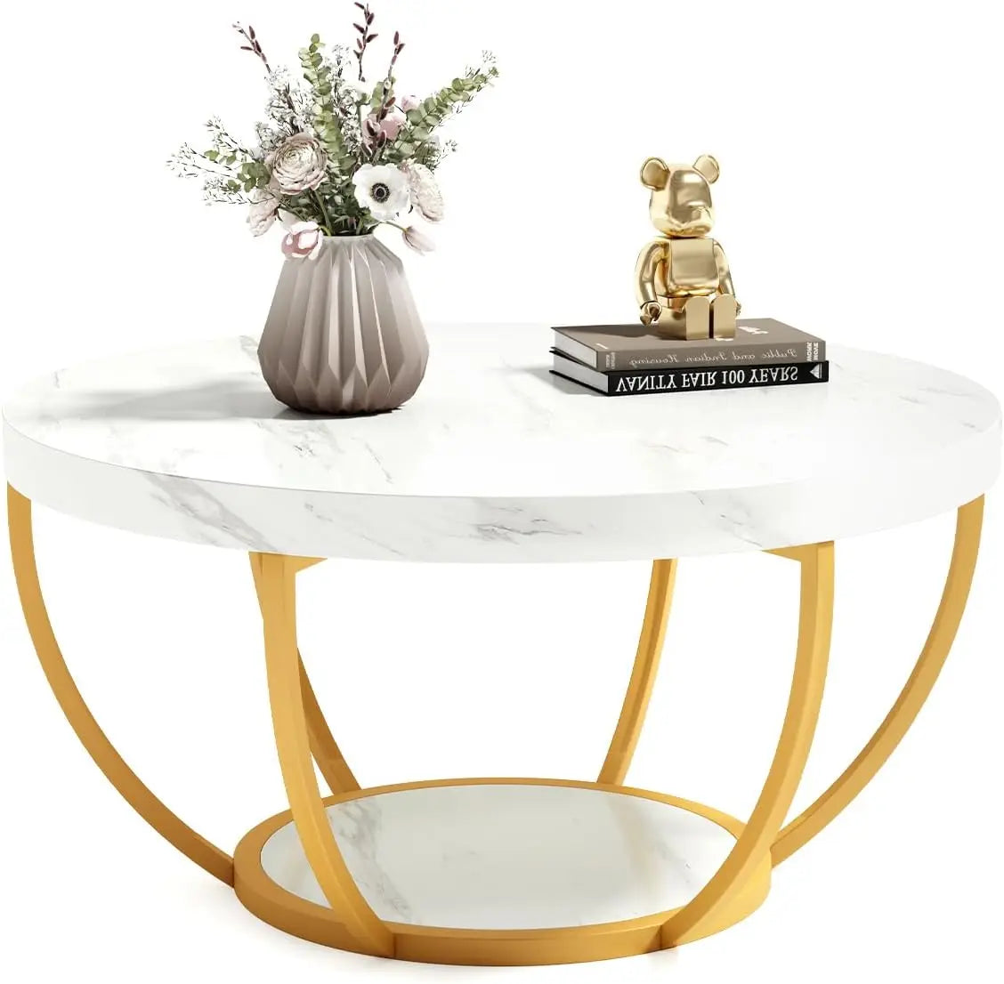 32" Circle Marble Coffee Tables, 2-Tier Golden Metal Legs