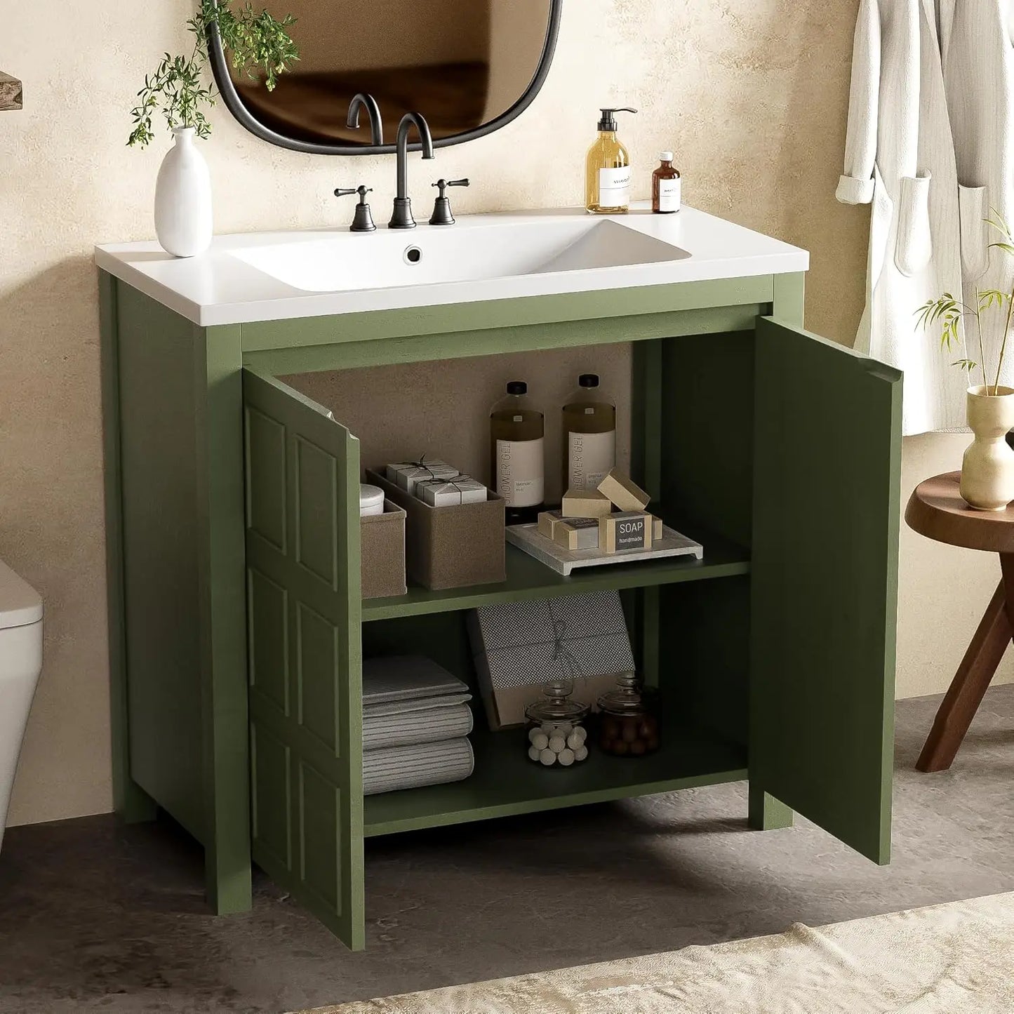 36in Free Standing Bathroom Vanity with Sink Wooden Cabinet Ceramic Basin