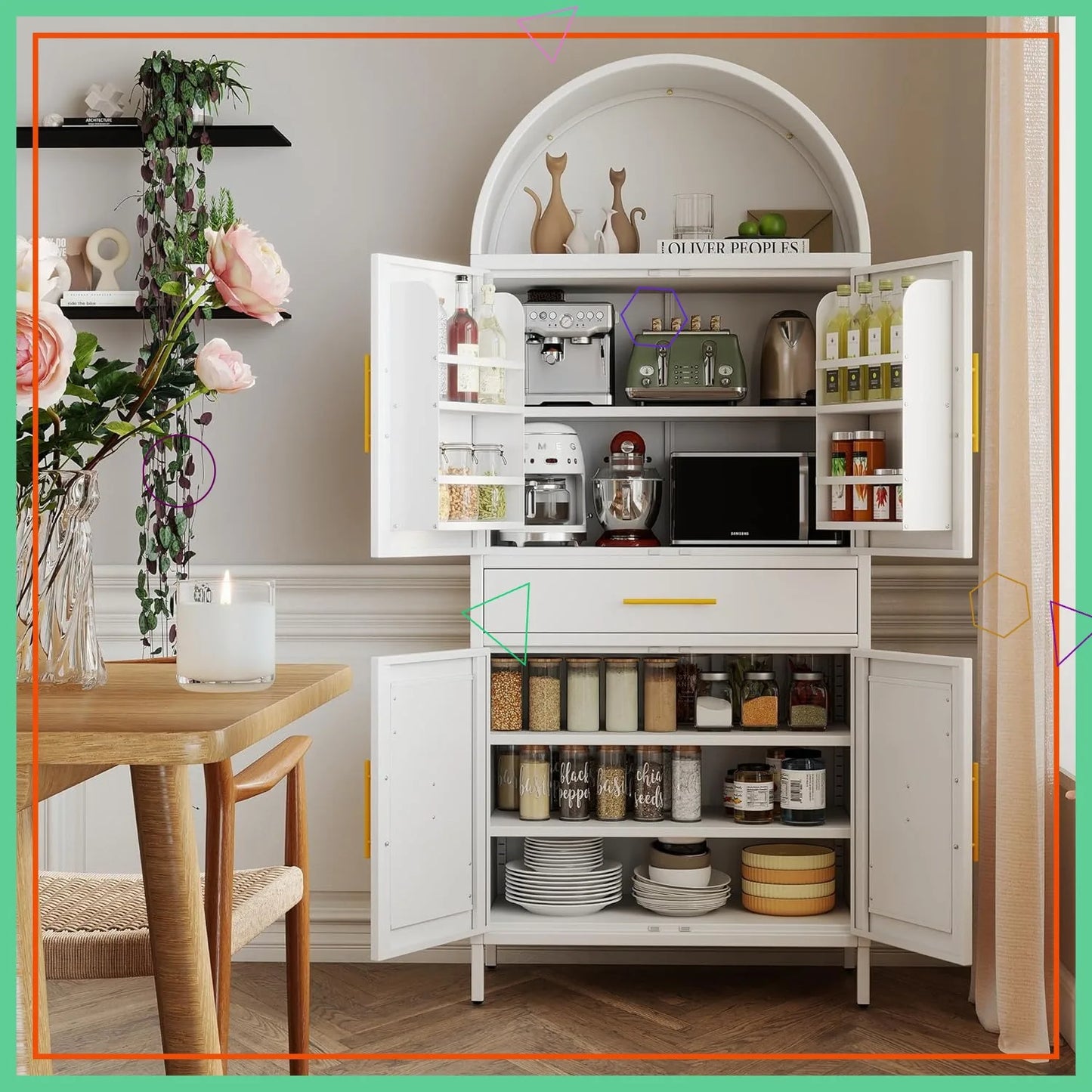 73" White Arched Pantry Cabinet with Drawer, Adjustable Shelves for Kitchen Living Room Storage