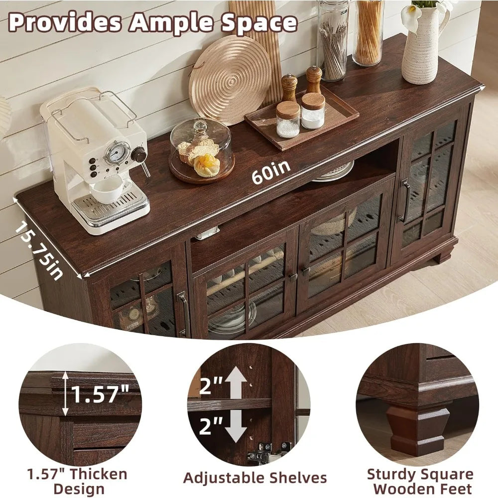 Large Sideboard Buffet Cabinet with Storage, Vintage Farmhouse Cabinets with Glass Doors