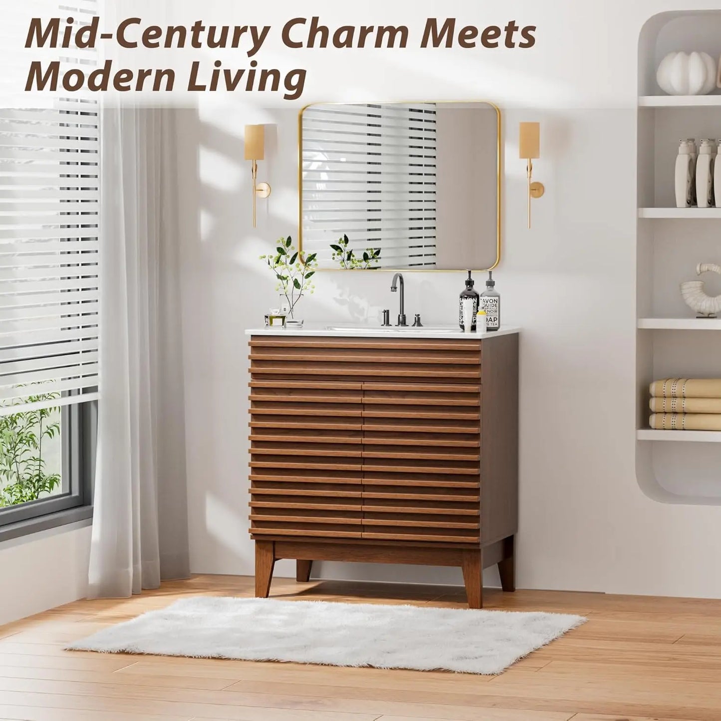 30" Mid-Century Bathroom Vanity Cabinet Ceramic Sink Soft Close Doors Freestanding