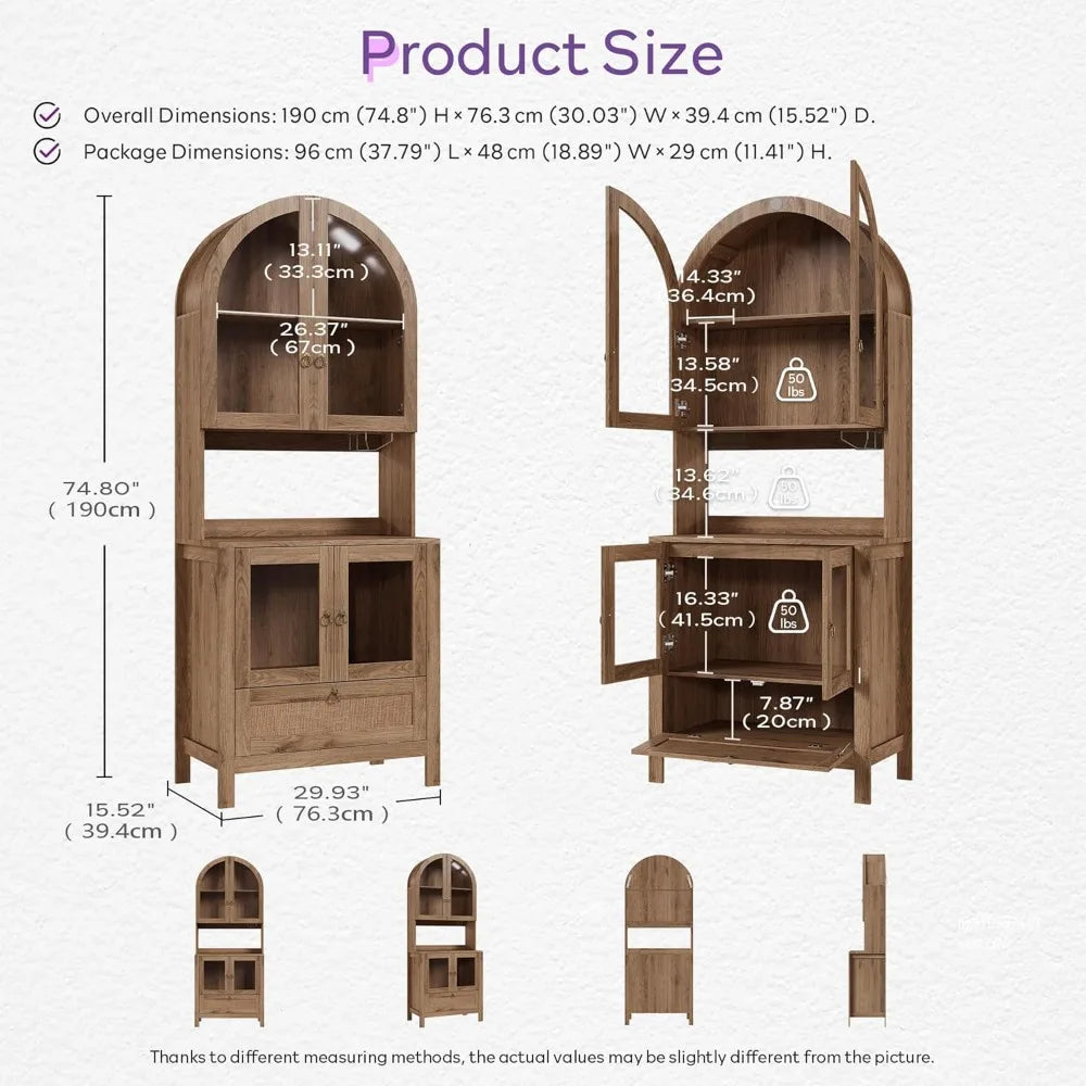 75" Arched Pantry Cabinet with Anti-Tipping Device, Glass Door & Open Storage for Kitchen Dining