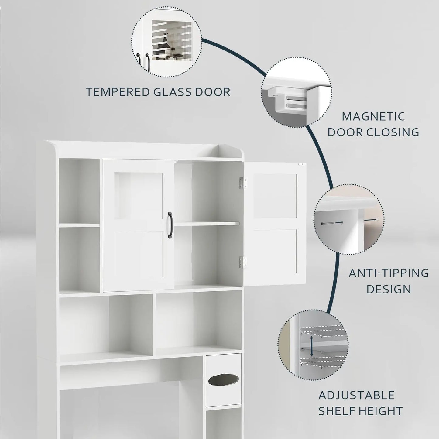 Over Toilet Storage Cabinet With Glass Door, 67.4" Adjustable Bathroom Organizer, Freestanding Cabinet