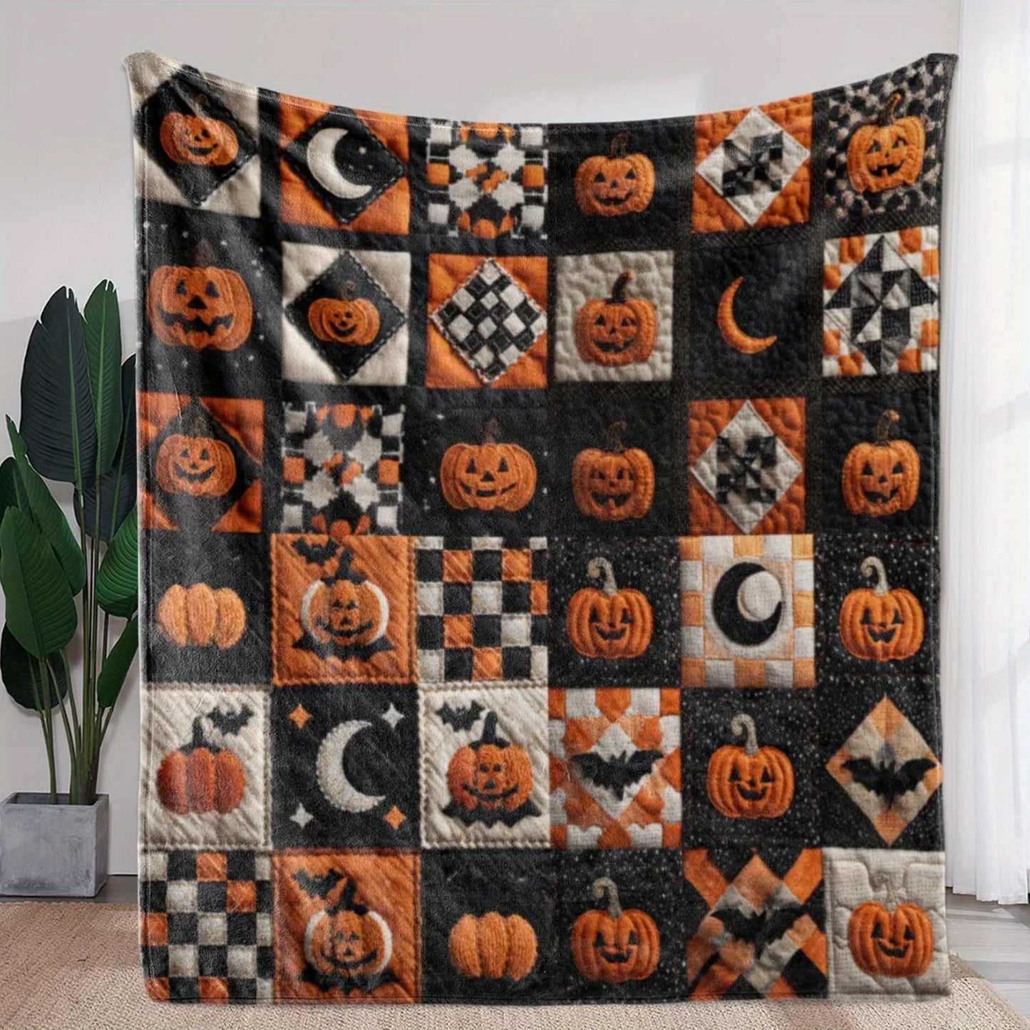 1pc Halloween Plaid Pumpkin Moon Print Flannel Blanket - Warm, Soft & Cozy Throw for Sofa, Bed, Car, Office, Camping & Travel