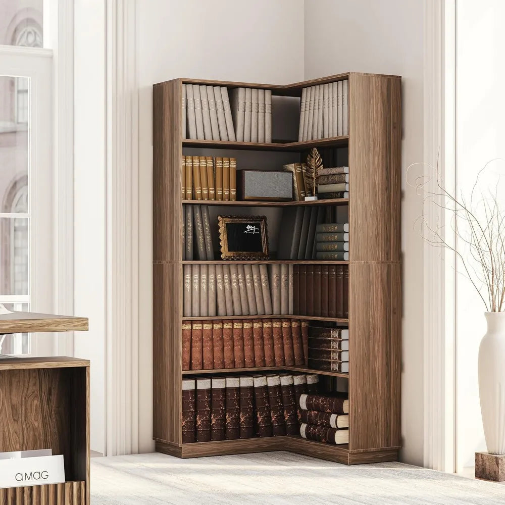 73 Inch Tall Wooden 7-Tier Corner Bookshelf  Ideal for Living Room
