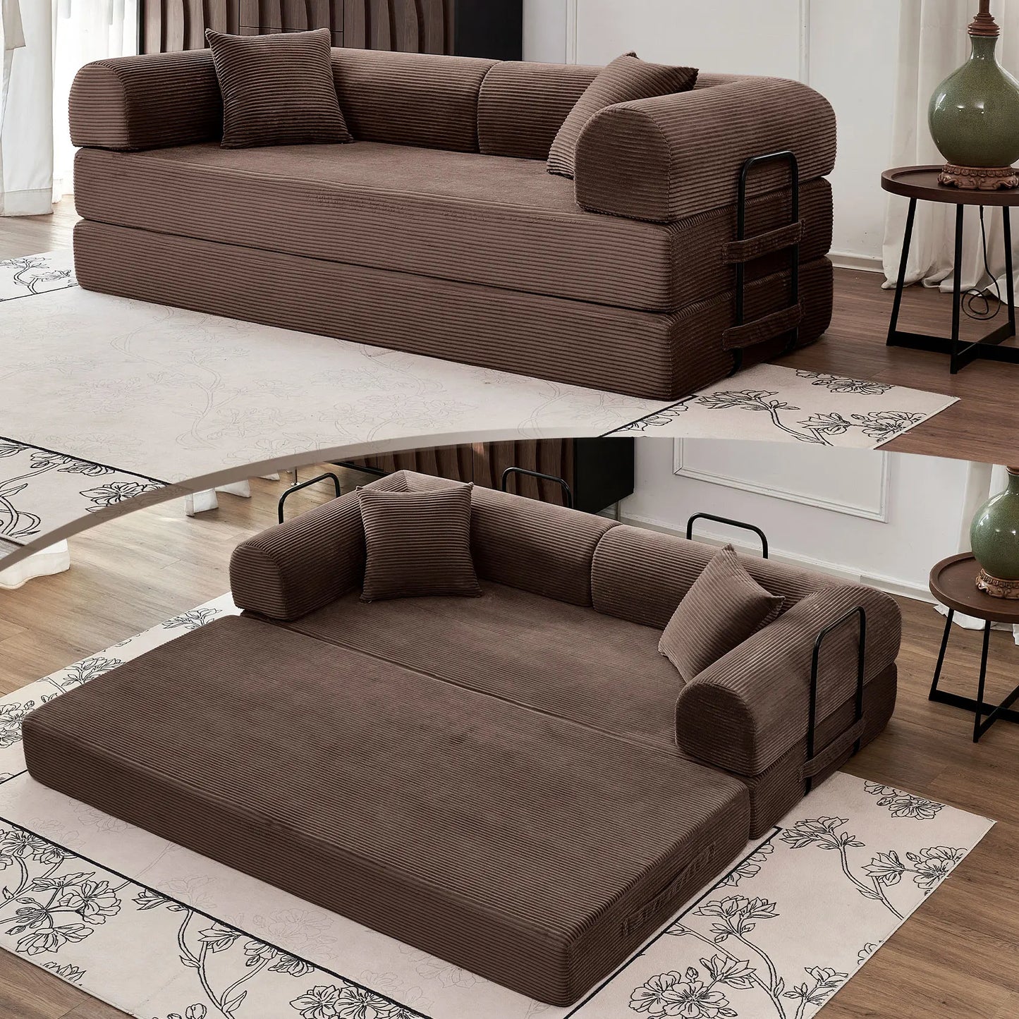 79" Convertible Sofa Bed with Fixed-Shape Frame & Removable Armrests, Modular Corduroy