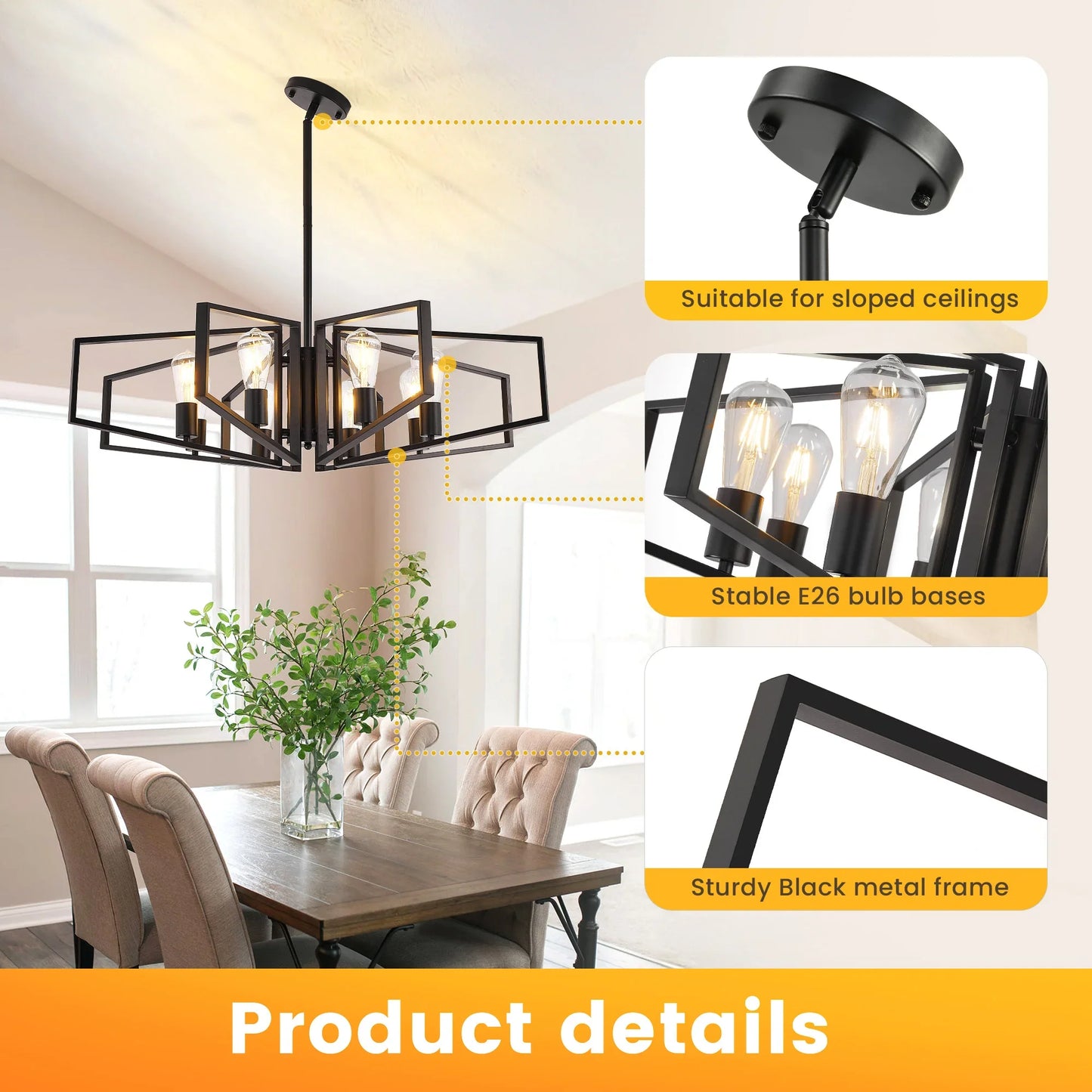 Modern 8-Light Geometric Chandelier Adjustable Height  Light with Black Frame & Golden Accents