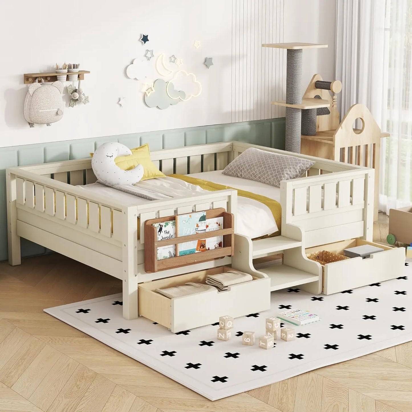 Full Size Kids Montessori Bed Frame with Stairs Bookshelf Drawers Storage Low Profile, 6 different finishes^








differeny