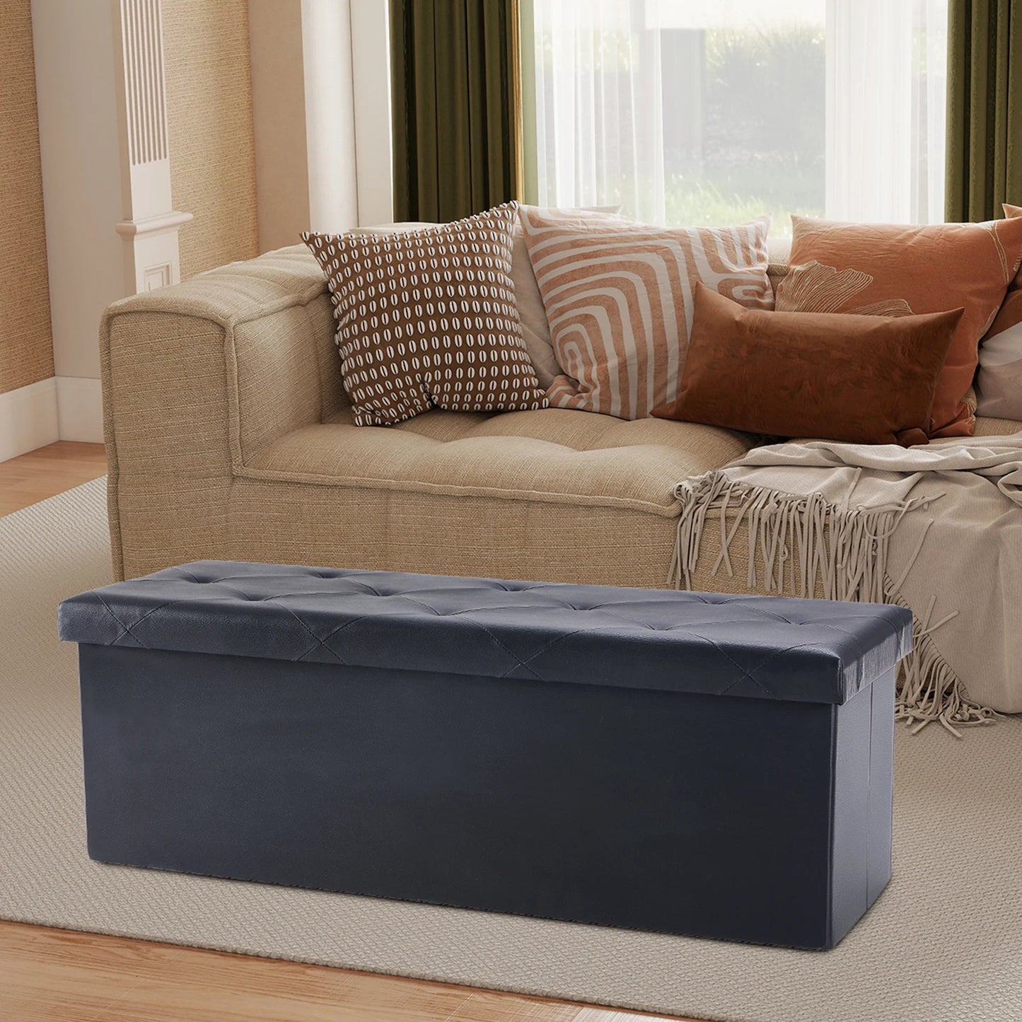 JHK 43 Inches Leather Folding Ottoman Storage Footstool For Living Room