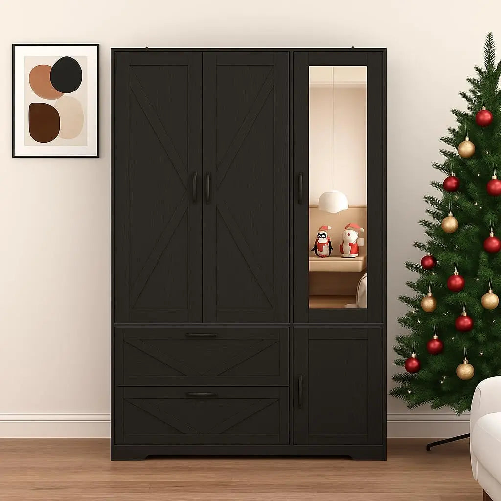 3 Door Armoire Wardrobe Closet with 2 Drawers, Hanging Rod & Lights,,