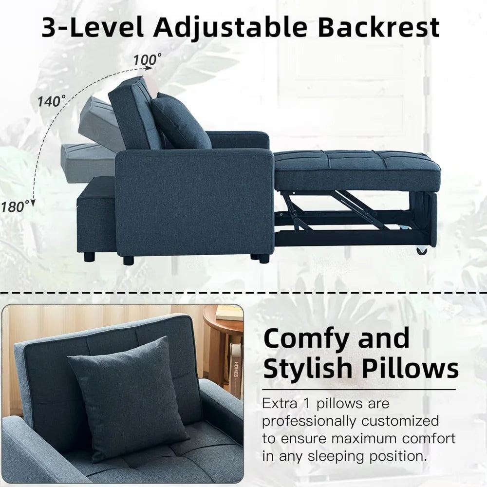 3-in-1 Sleeper Sofa Bed with Reclining Backrest, Convertible Futon Couch,  for Small Spaces (Blue)