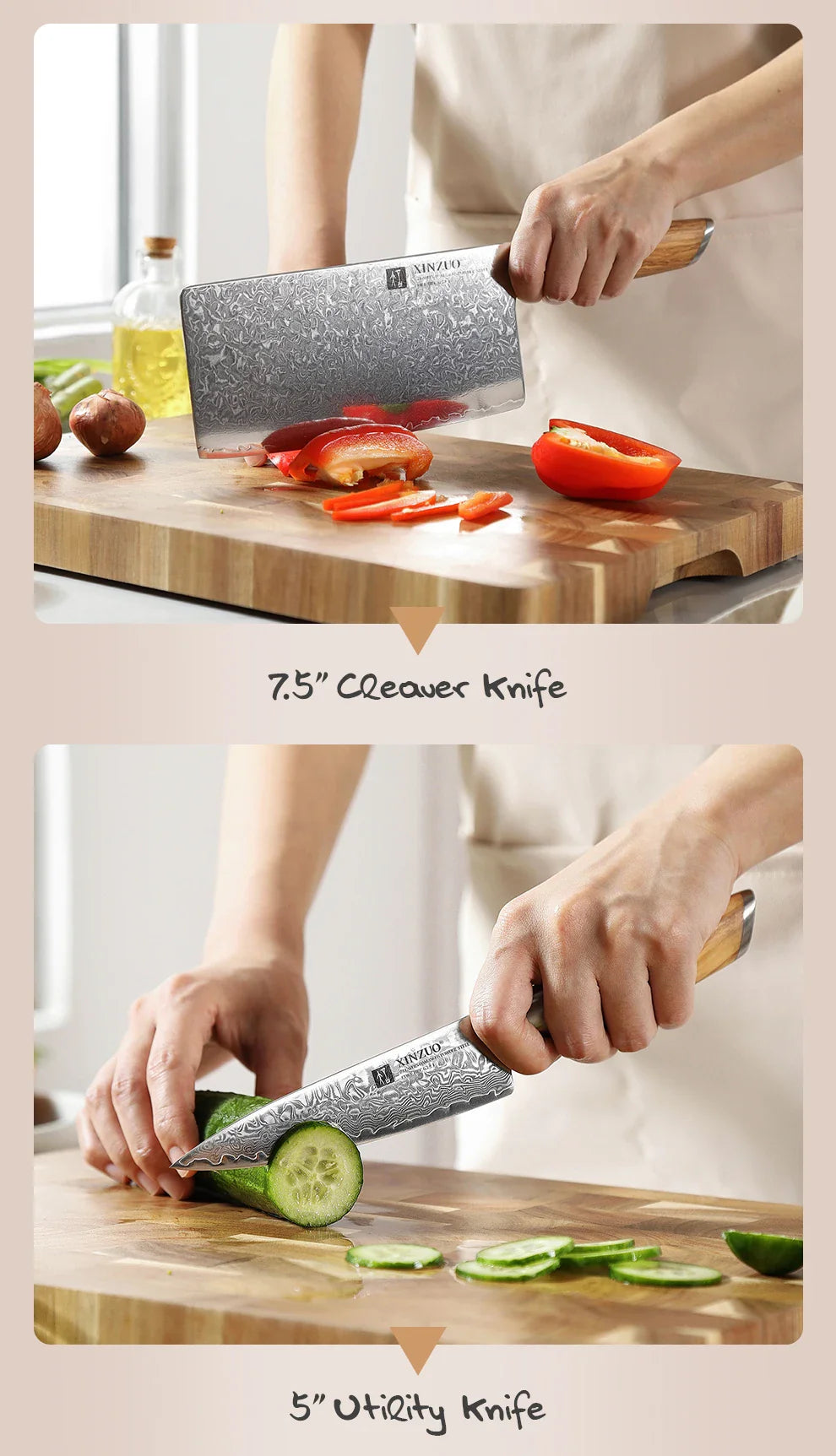 XINZUO 1-8pcs Kitchen Knife Set 73 Layers Custom Damascus Steel  with Olive Wood Handle