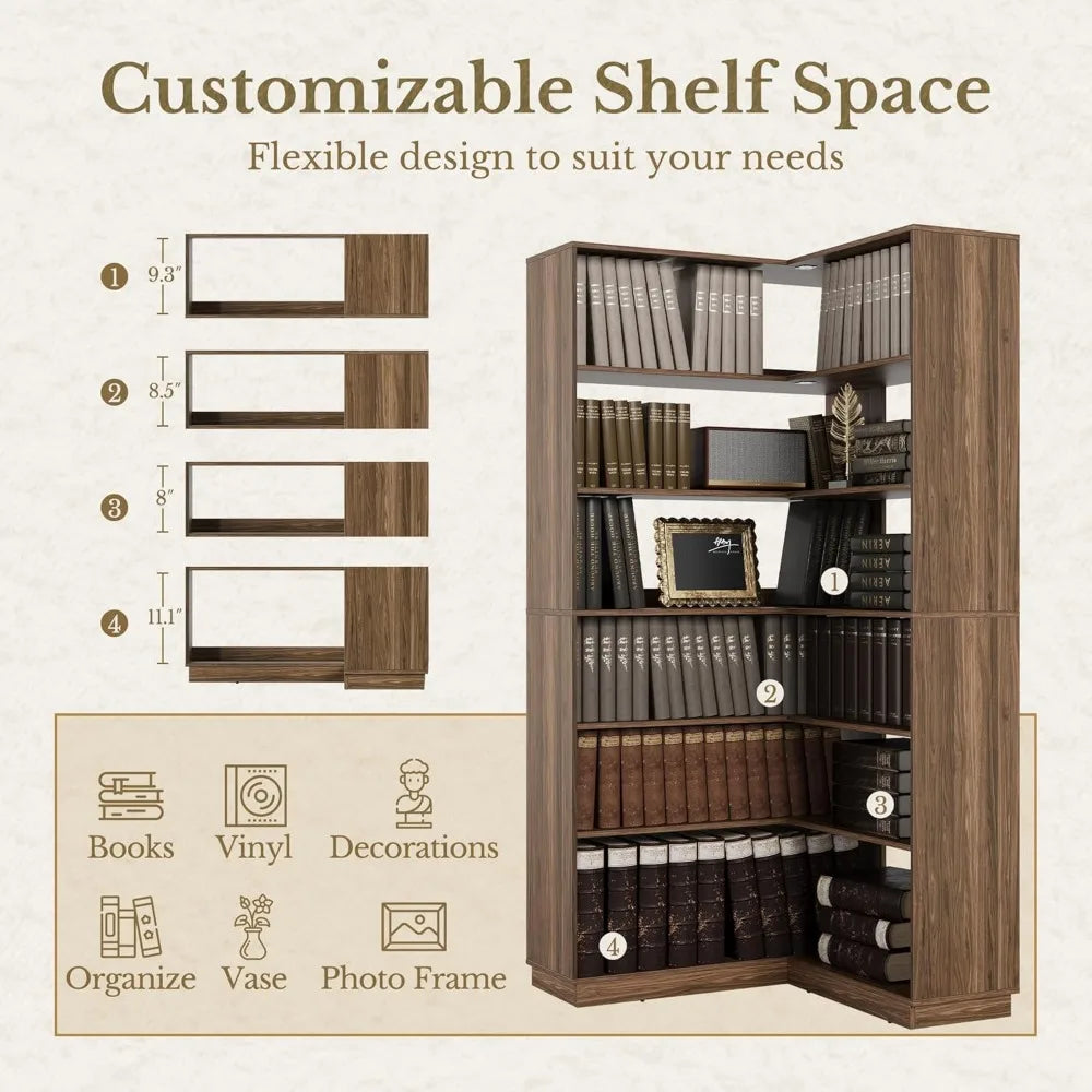 73 Inch Tall Wooden 7-Tier Corner Bookshelf  Ideal for Living Room