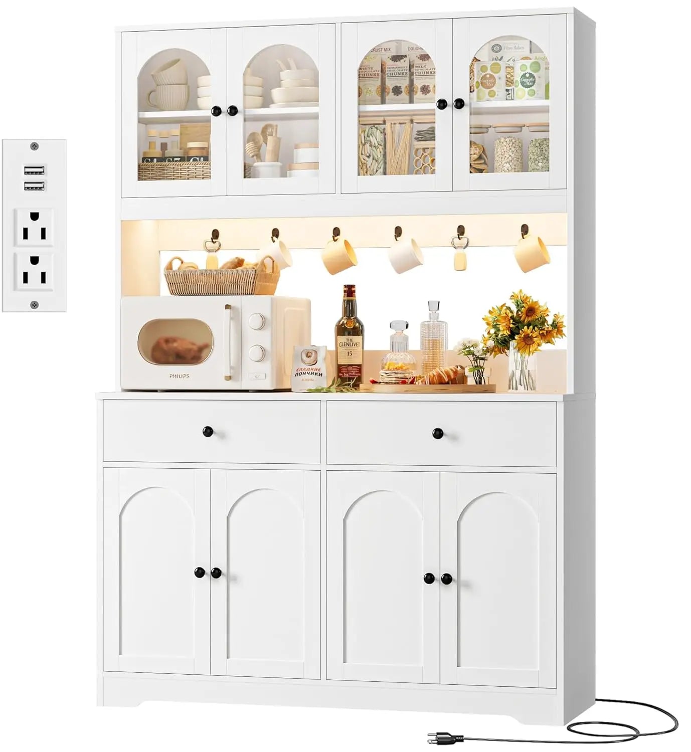 71" LED Kitchen Pantry Cabinet with Power Outlet, with Arched Door & Shelves