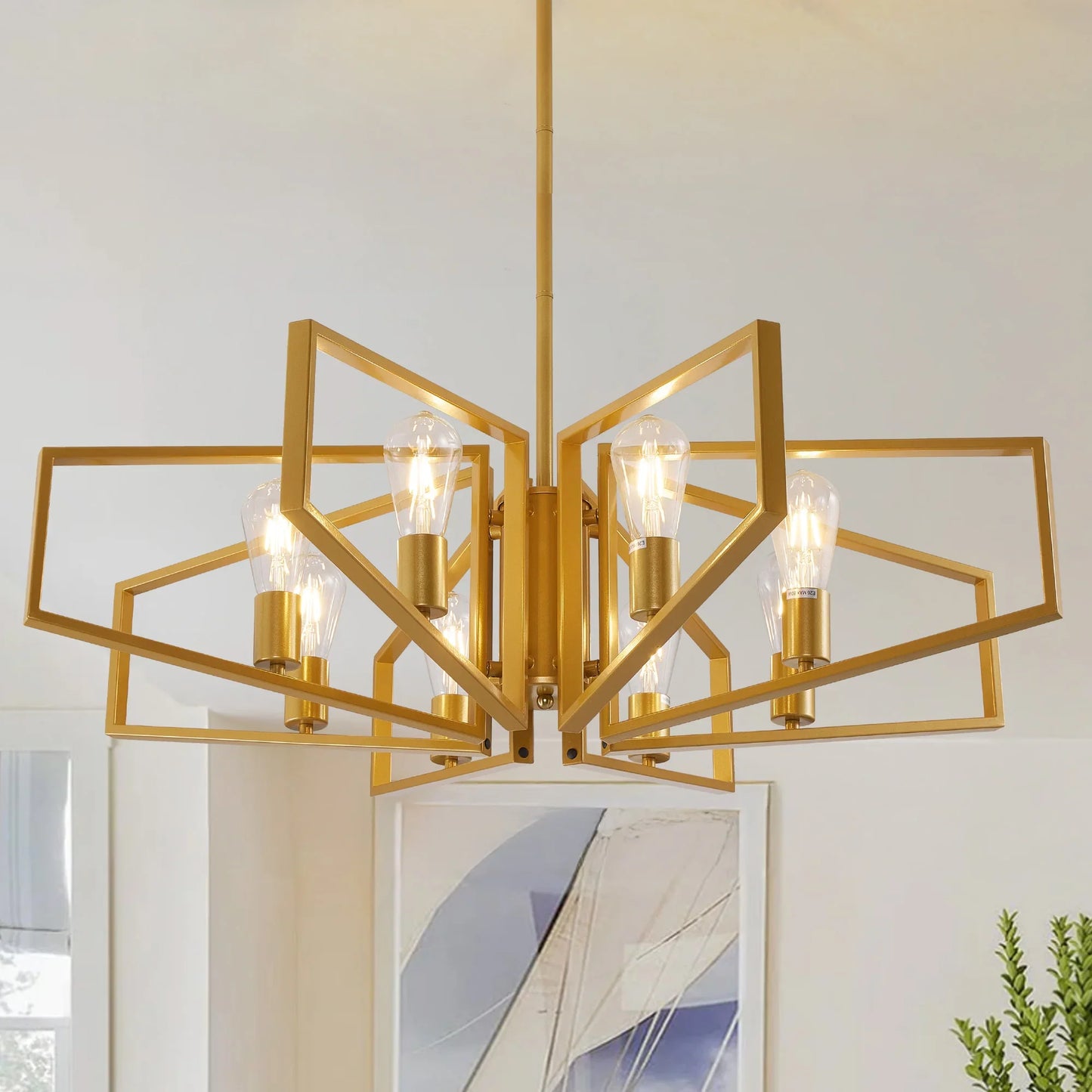 Modern 8-Light Geometric Chandelier Adjustable Height  Light with Black Frame & Golden Accents