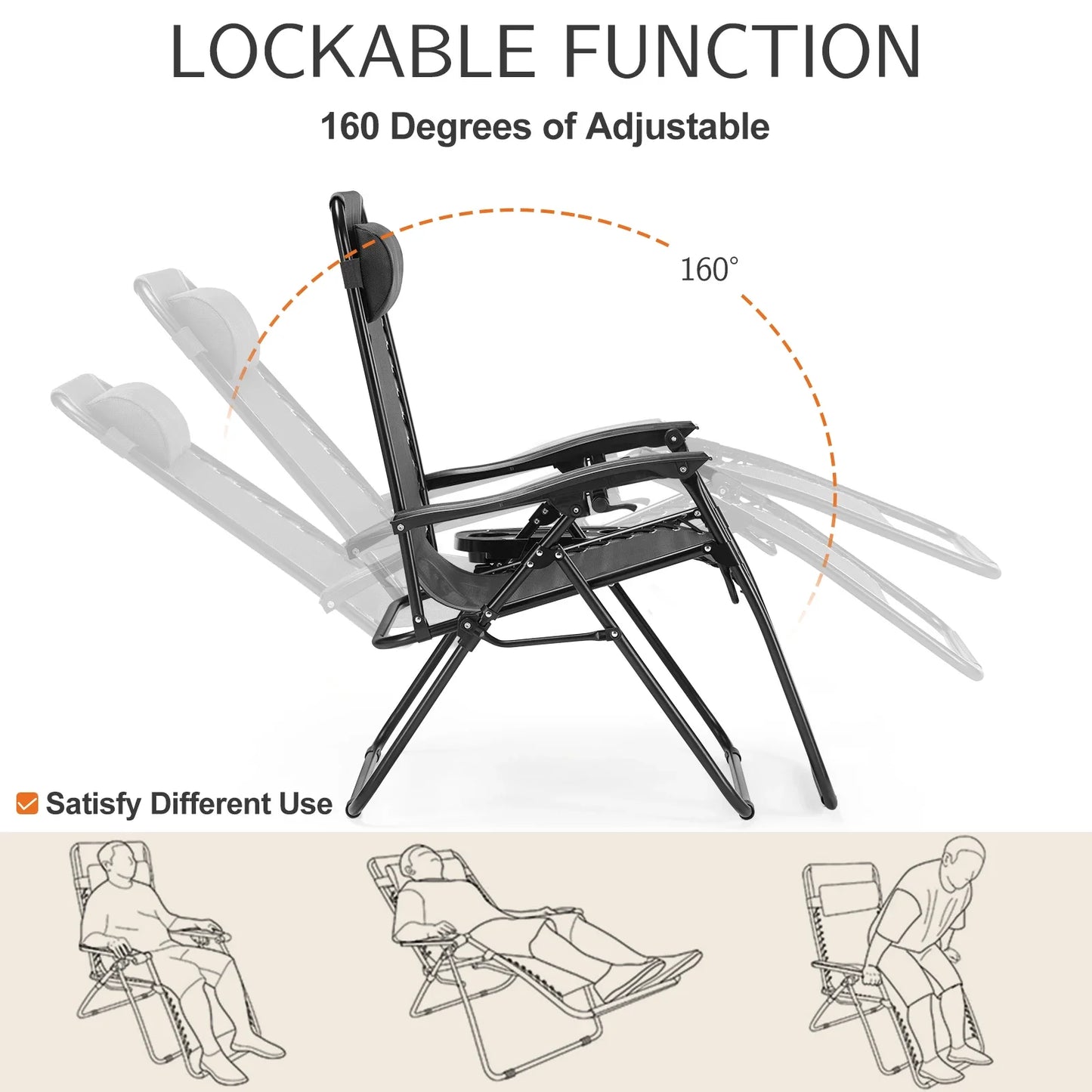 JHK Zero Gravity Set of 2 Portable Recliner  Outdoor Garden Lounge Chair with Cup Holder