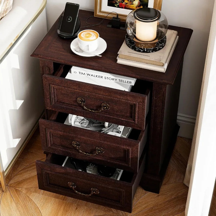 Nightstand with Charging Station Wooden Bedside Table with 3 Drawers  Small Spaces 1 Dark Brown