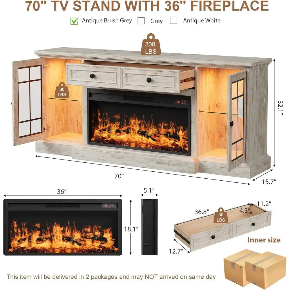 Modern 70 Farmhouse TV Stand with 36 LED Electric Fireplace, Storage Cabinet & Drawer for 80 TVs