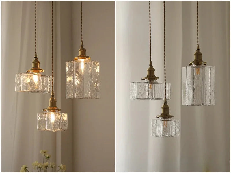 Japanese Retro Glass Pendant Light Yellow Copper Bedroom Chandelier Lightingt