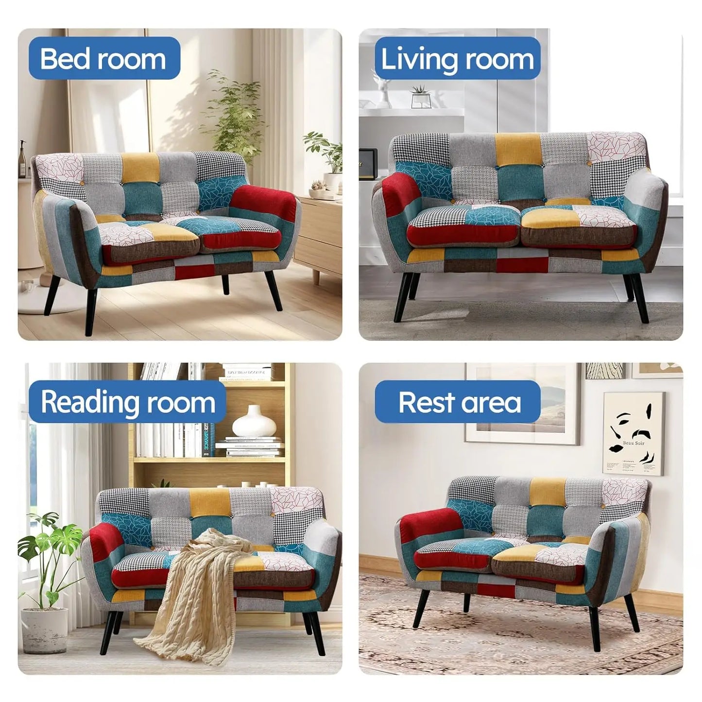 Modern Boho Loveseat Couch for Living Room Bedroom, Upholstered Colorful Plaid Fabric