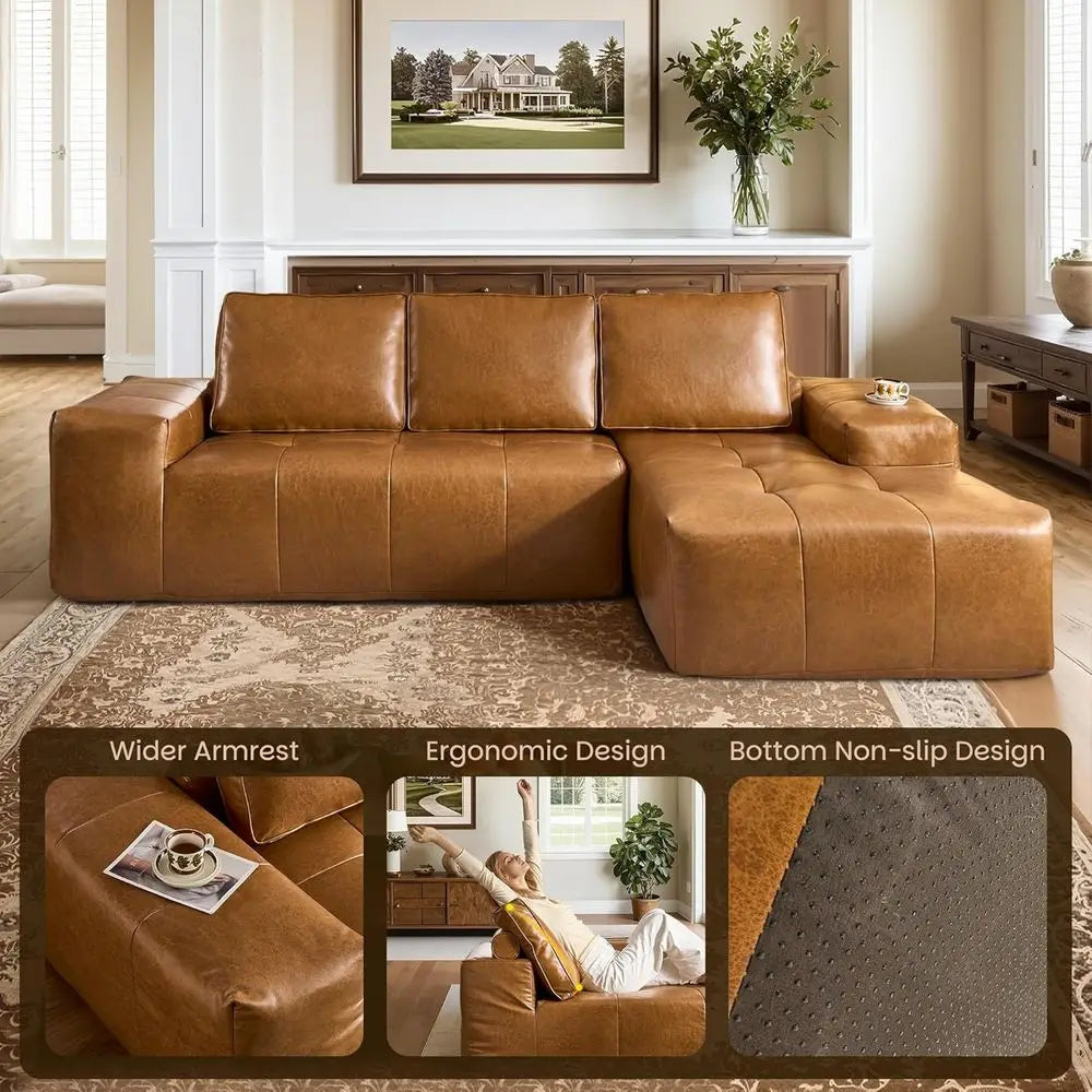 Elegant Living Room Set with Deep Seated, Comfortable Sofas in Brown Leather, No Assembly Needed